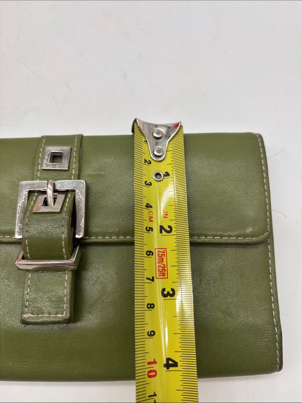 Perlina Olive Green Leather Clutch with Silver Buckle - Picture 8 of 9